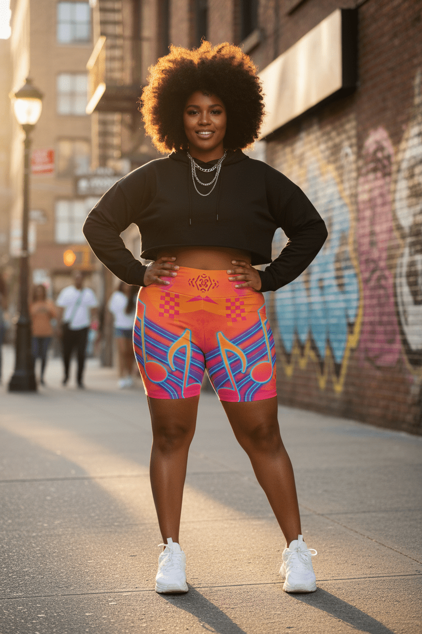 Women’s Music Note AOP Shorts — Neon Retro Groove PatternEmber Spirit Apparel