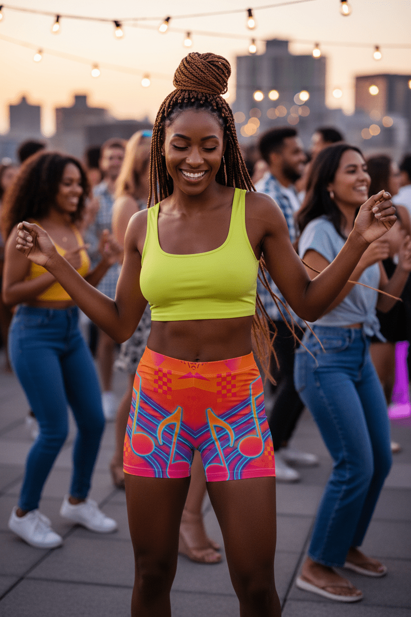 Women’s Music Note AOP Shorts — Neon Retro Groove PatternEmber Spirit Apparel