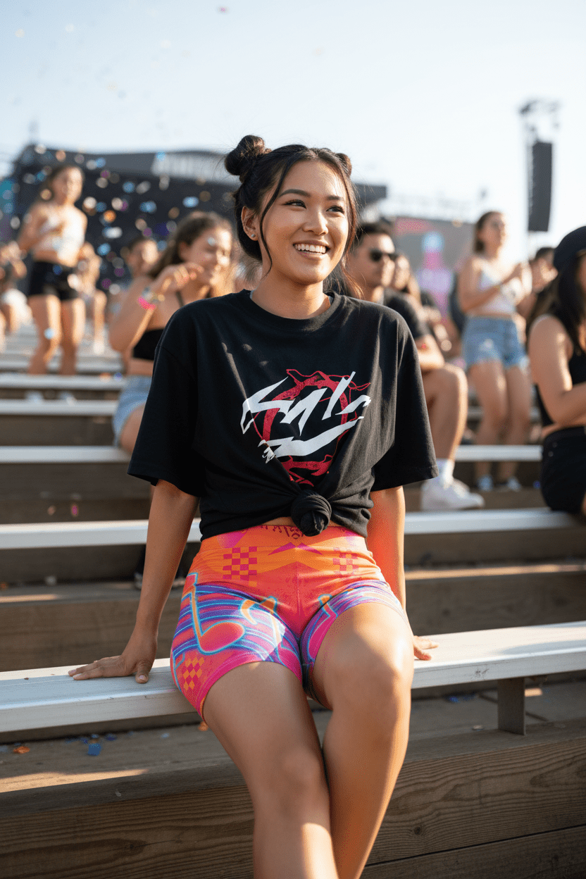 Women’s Music Note AOP Shorts — Neon Retro Groove PatternEmber Spirit Apparel