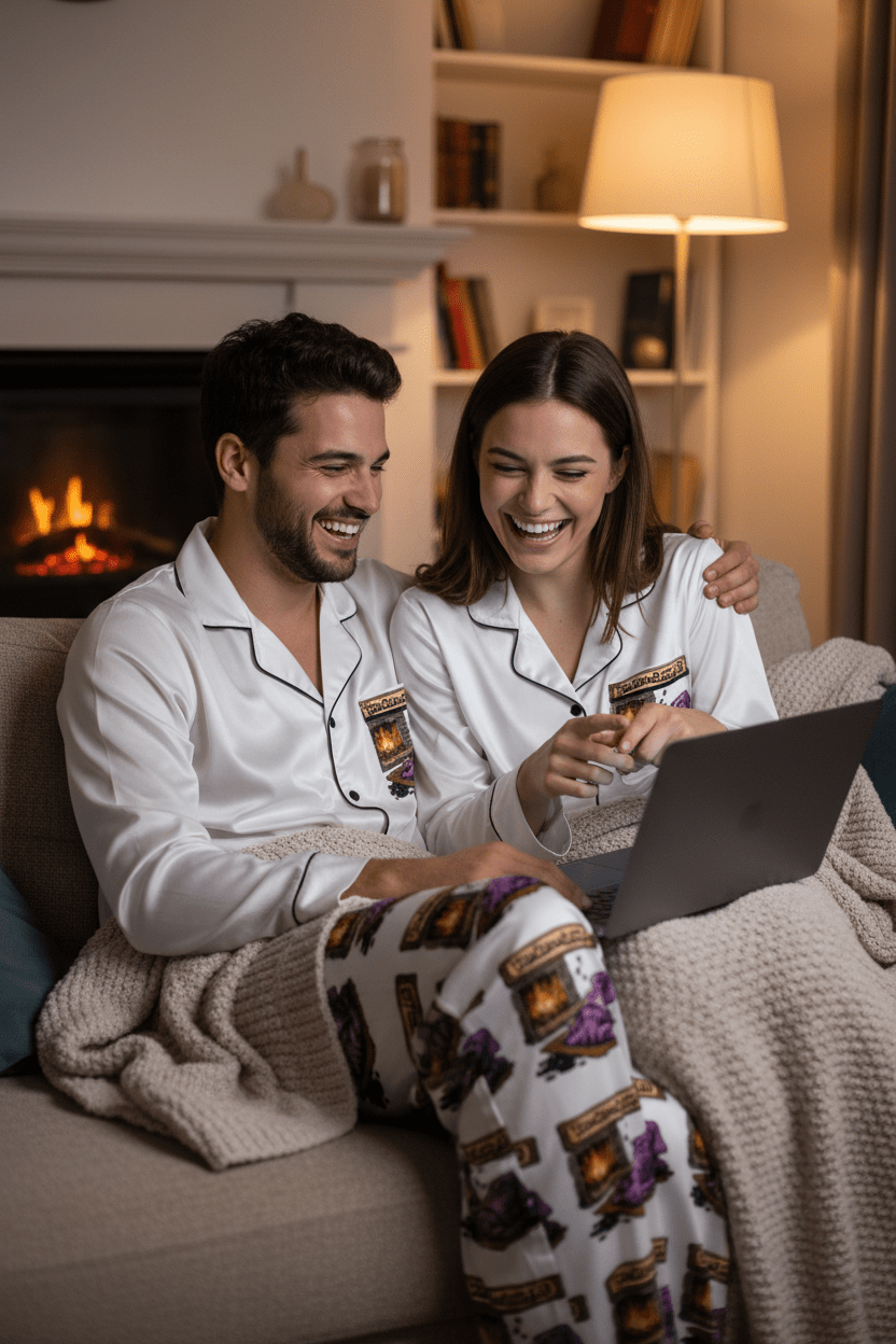 Women's Satin Pajama Set — Cozy Slippers & Fireplace GraphicEmber Spirit Apparel
