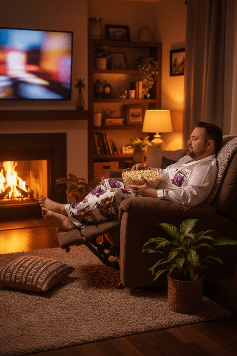 Women's Satin Pajama Set — Cozy Slippers & Fireplace GraphicEmber Spirit Apparel