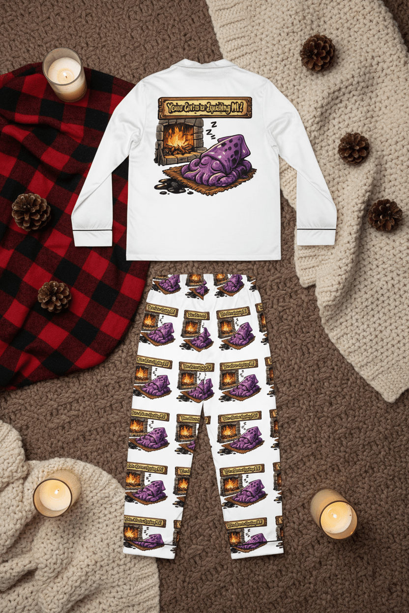 Women's Satin Pajama Set — Cozy Slippers & Fireplace GraphicEmber Spirit Apparel