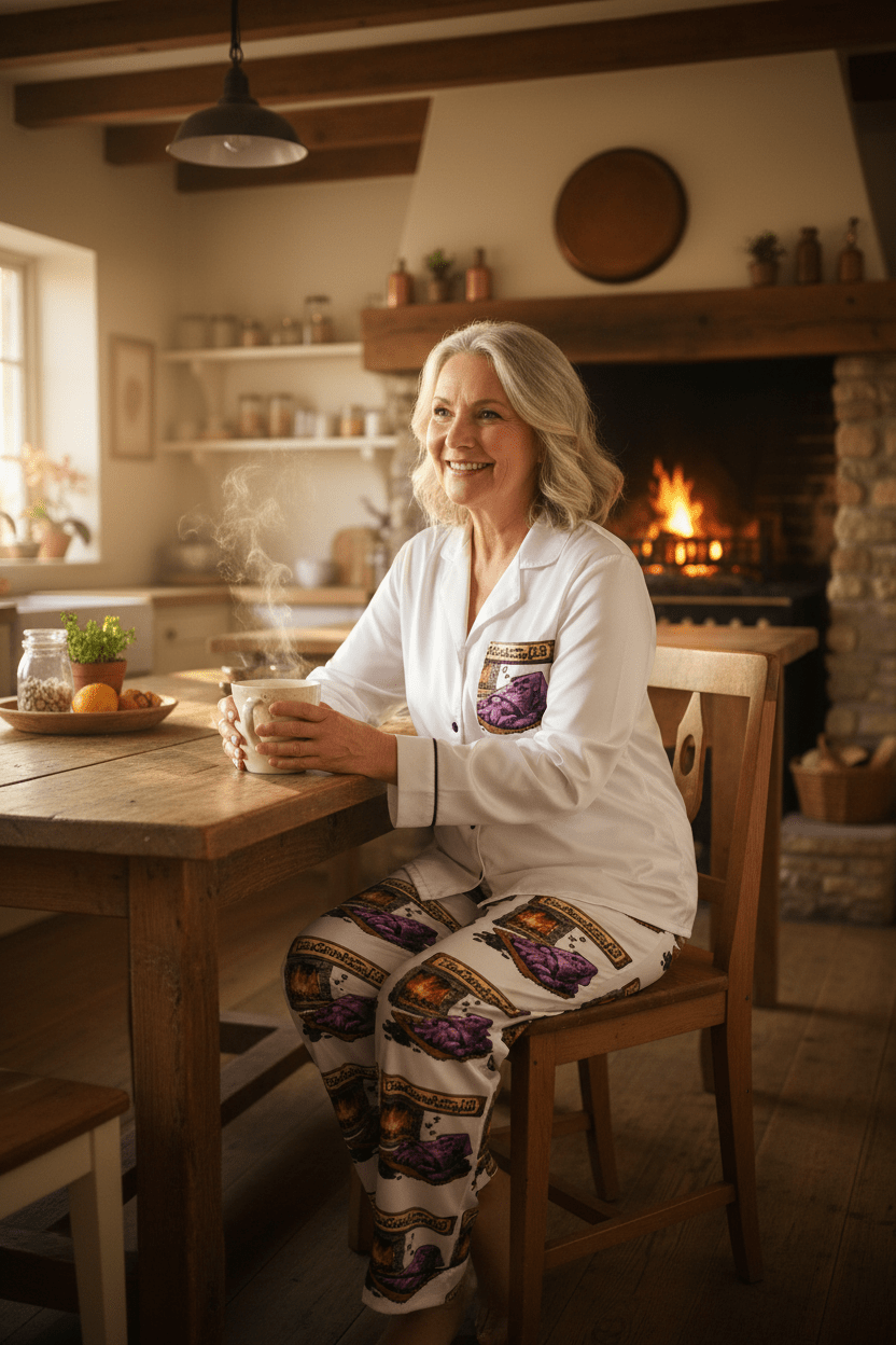 Women's Satin Pajama Set — Cozy Slippers & Fireplace GraphicEmber Spirit Apparel