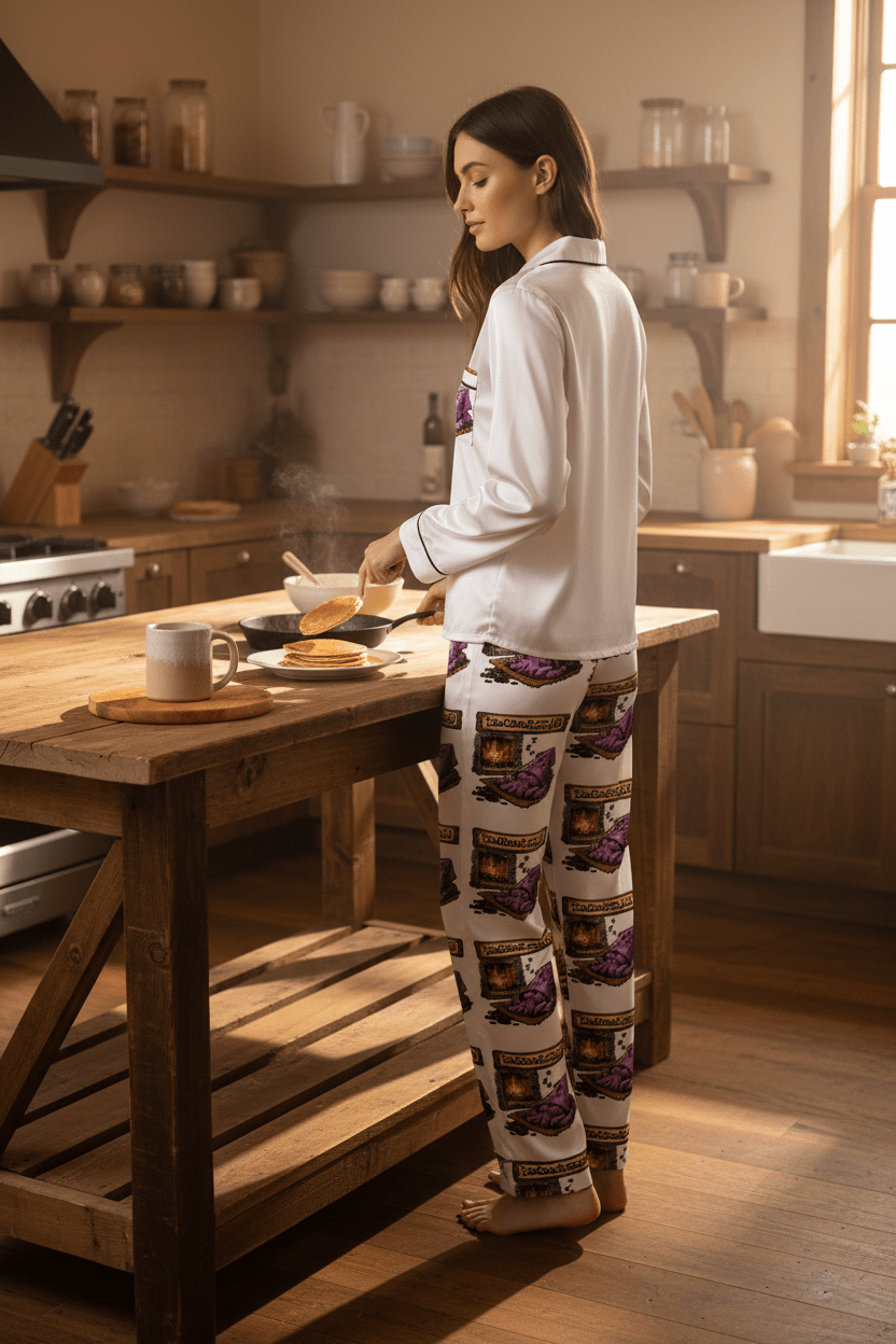 Women's Satin Pajama Set — Cozy Slippers & Fireplace GraphicEmber Spirit Apparel