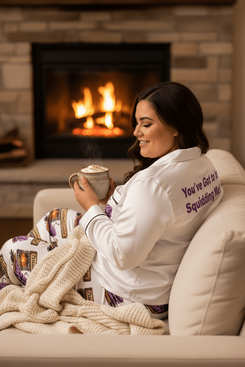 Women's Satin Pajama Set — Cozy Slippers & Fireplace GraphicEmber Spirit Apparel