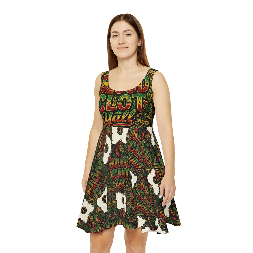 Women's Skater Dress — Bold "Blood Clot Y'all" Graphic Floral Rasta PrintEmber Spirit Apparel