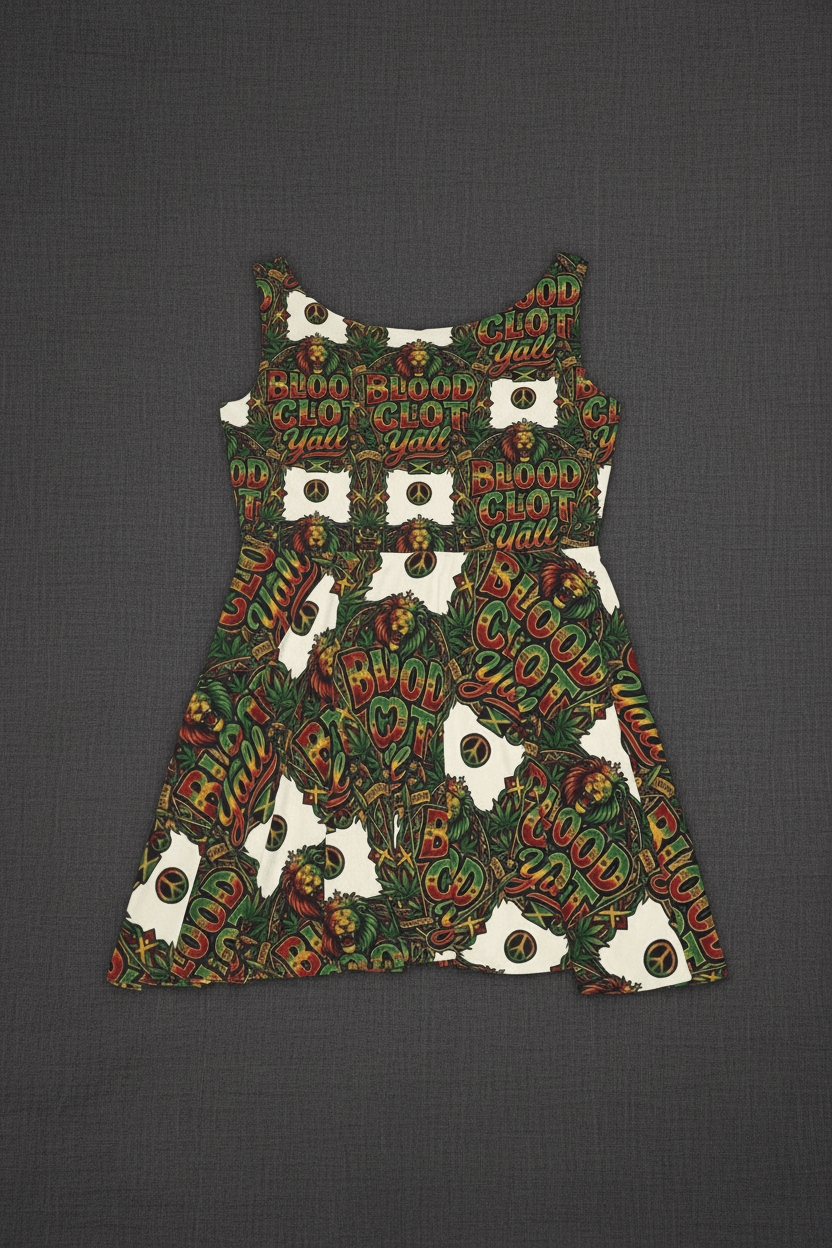 Women's Skater Dress — Bold "Blood Clot Y'all" Graphic Floral Rasta PrintEmber Spirit Apparel