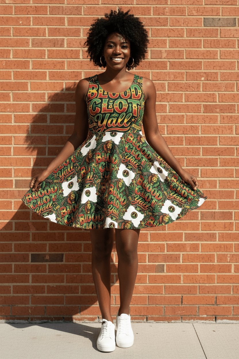Women's Skater Dress — Bold "Blood Clot Y'all" Graphic Floral Rasta PrintEmber Spirit Apparel