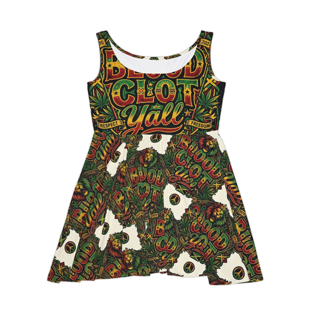 Women's Skater Dress — Bold "Blood Clot Y'all" Graphic Floral Rasta PrintEmber Spirit Apparel