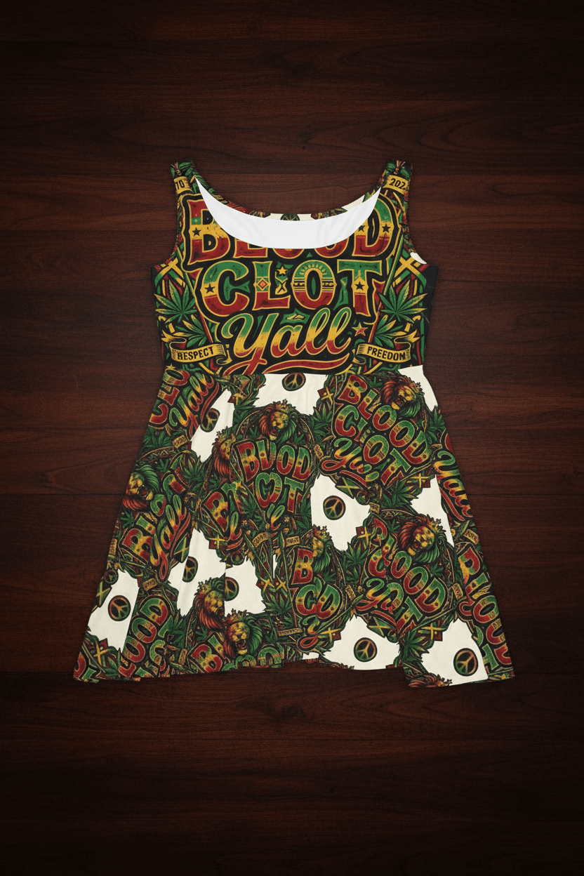 Women's Skater Dress — Bold "Blood Clot Y'all" Graphic Floral Rasta PrintEmber Spirit Apparel