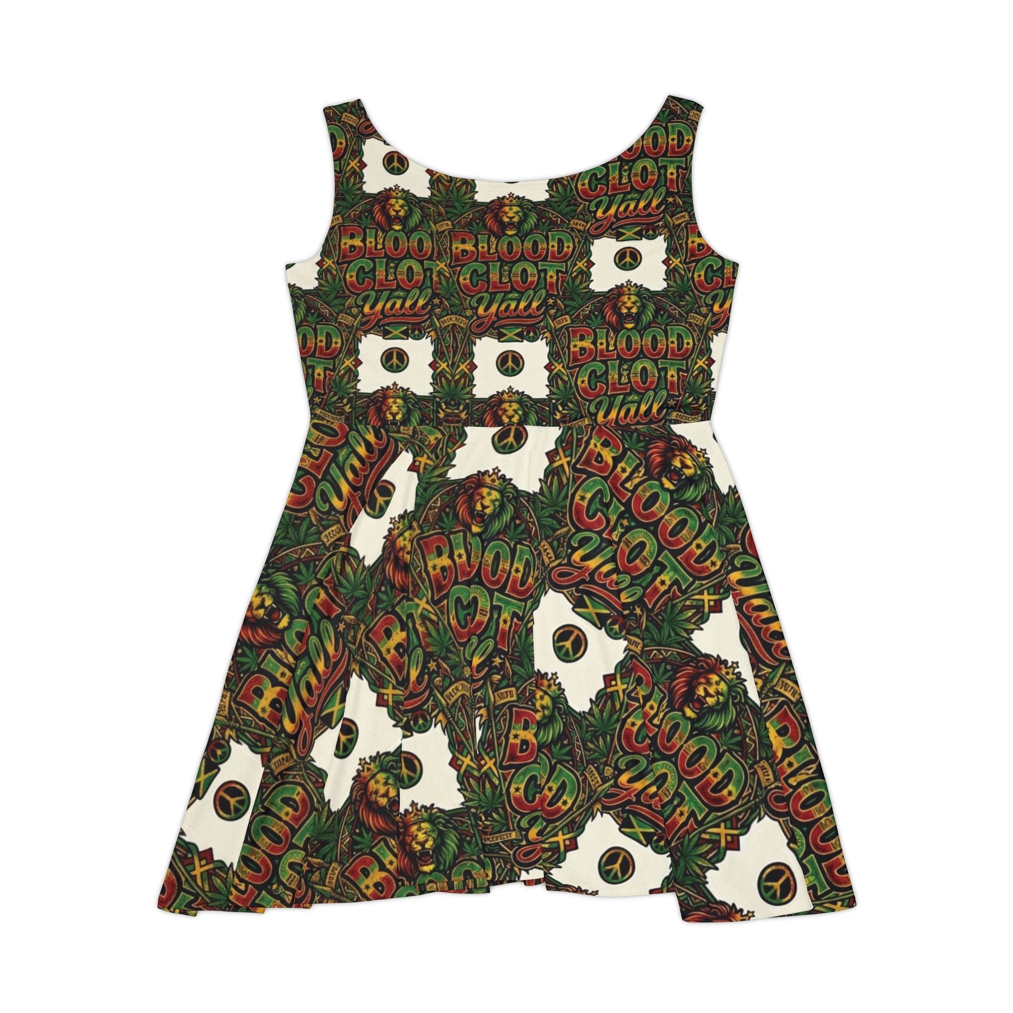 Women's Skater Dress — Bold "Blood Clot Y'all" Graphic Floral Rasta PrintEmber Spirit Apparel