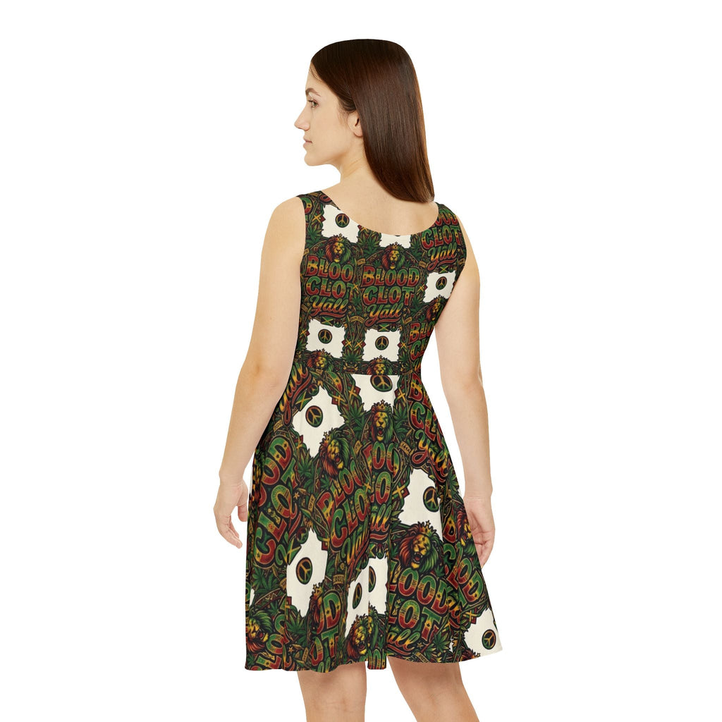 Women's Skater Dress — Bold "Blood Clot Y'all" Graphic Floral Rasta PrintEmber Spirit Apparel