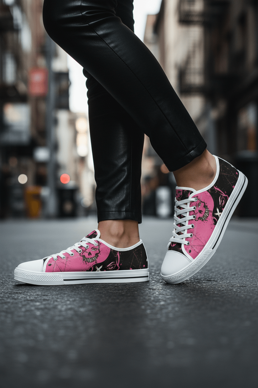 Women's Skull Print Low - Top Sneakers — Pink Punk Street wear Casual ShoesEmber Spirit Apparel