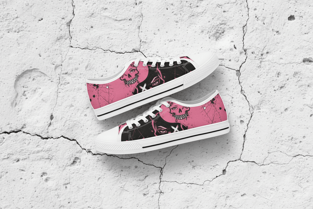 Women's Skull Print Low - Top Sneakers — Pink Punk Street wear Casual ShoesEmber Spirit Apparel