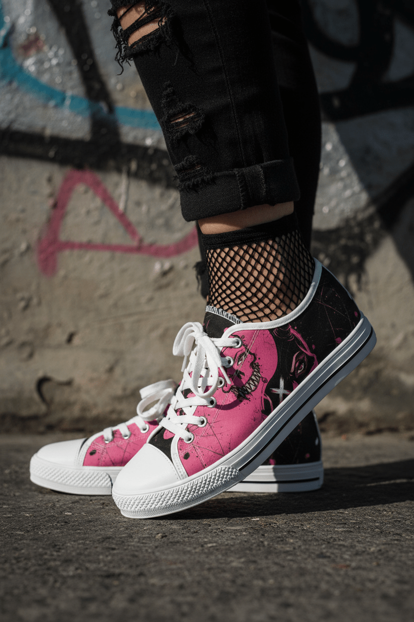 Women's Skull Print Low - Top Sneakers — Pink Punk Street wear Casual ShoesEmber Spirit Apparel