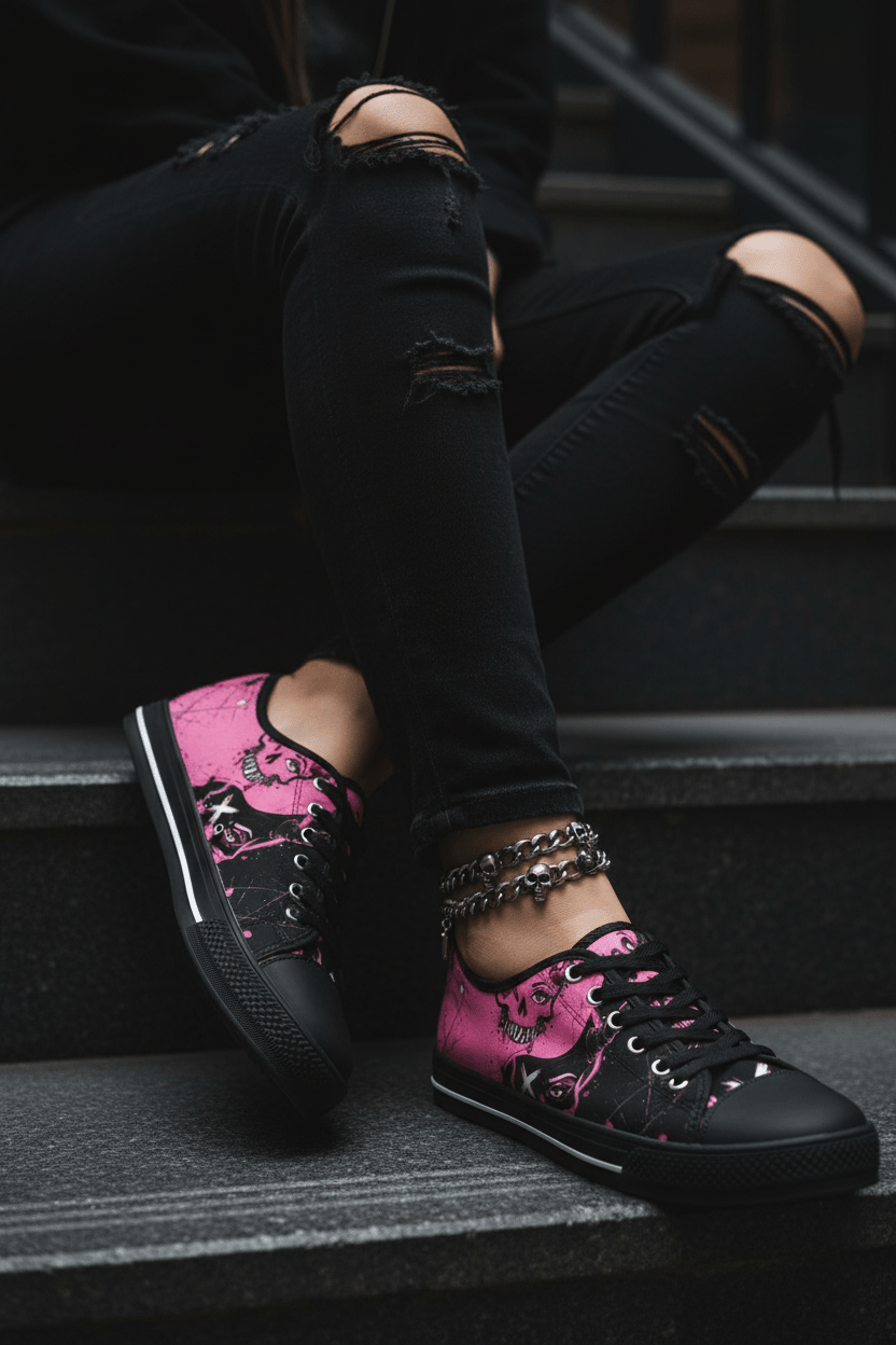 Women's Skull Print Low - Top Sneakers — Pink Punk Street wear Casual ShoesEmber Spirit Apparel