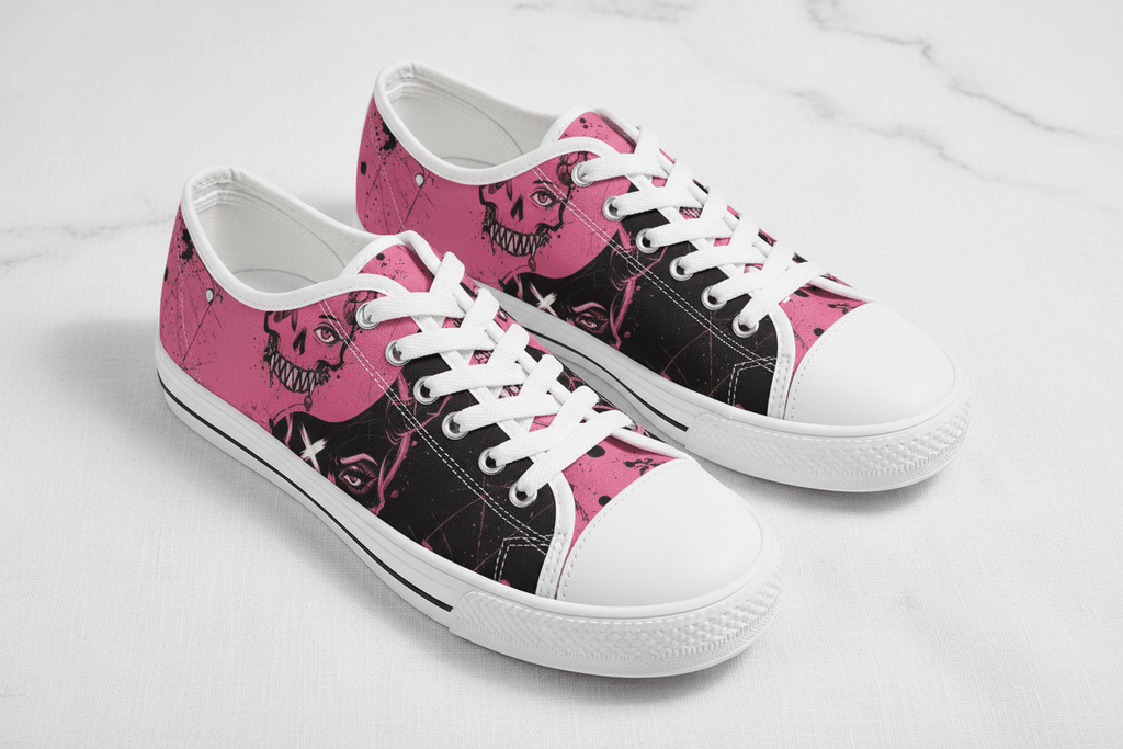 Women's Skull Print Low - Top Sneakers — Pink Punk Street wear Casual ShoesEmber Spirit Apparel