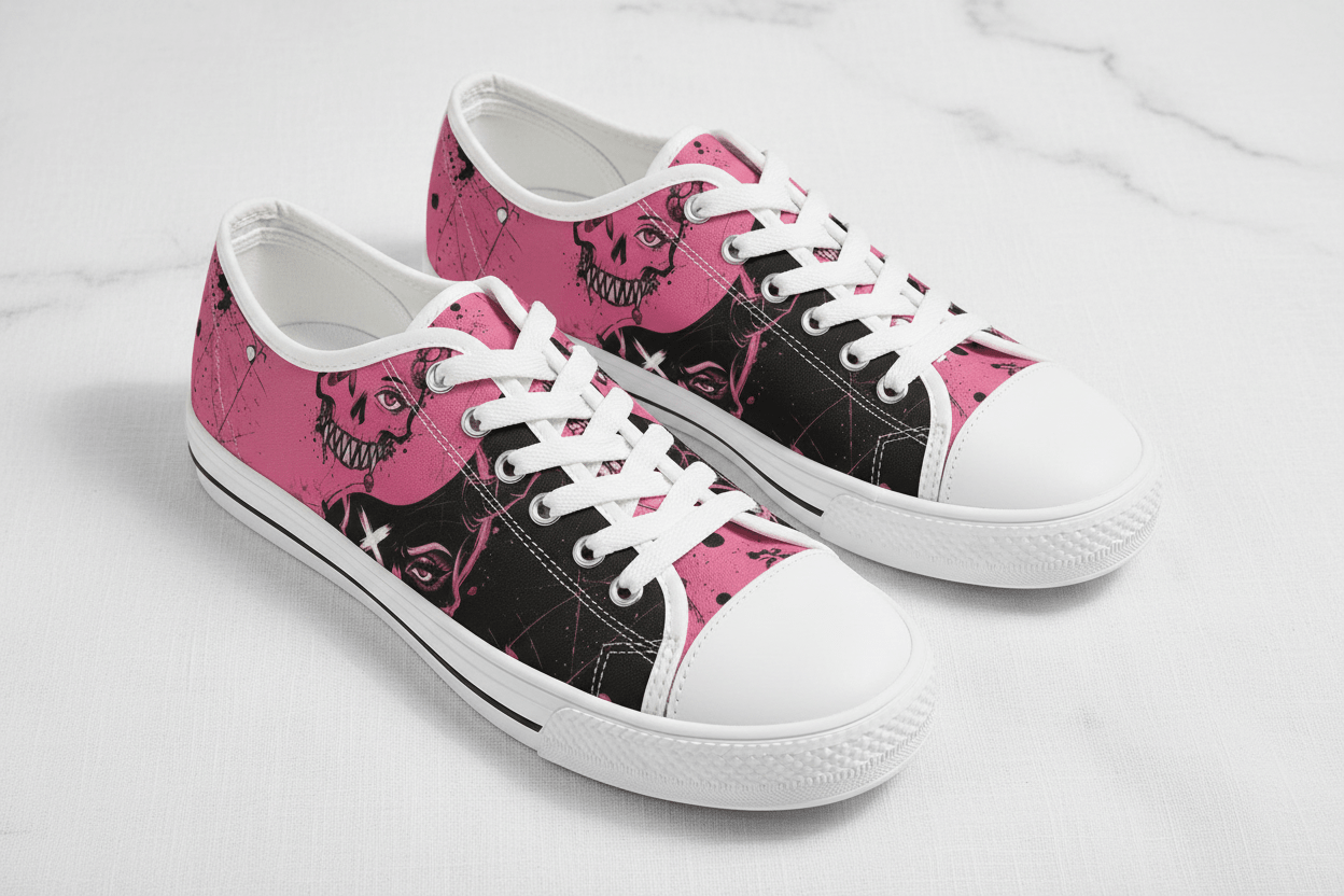 Women's Skull Print Low - Top Sneakers — Pink Punk Street wear Casual ShoesEmber Spirit Apparel