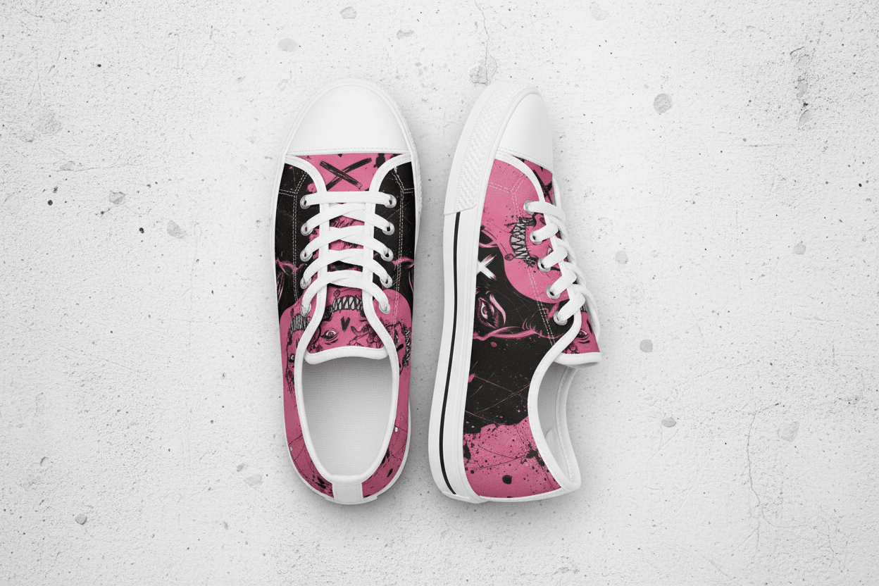 Women's Skull Print Low - Top Sneakers — Pink Punk Street wear Casual ShoesEmber Spirit Apparel