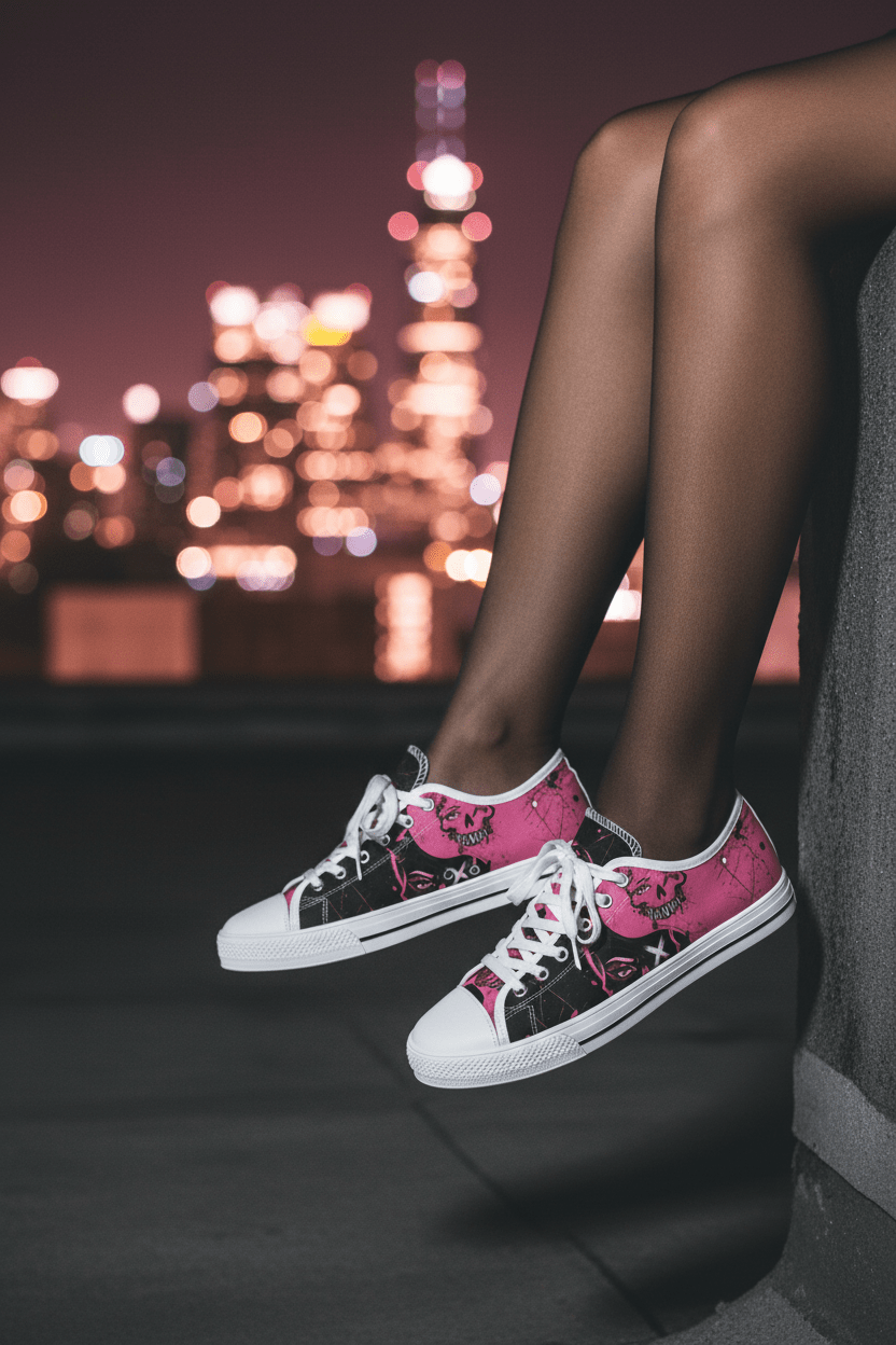 Women's Skull Print Low - Top Sneakers — Pink Punk Street wear Casual ShoesEmber Spirit Apparel