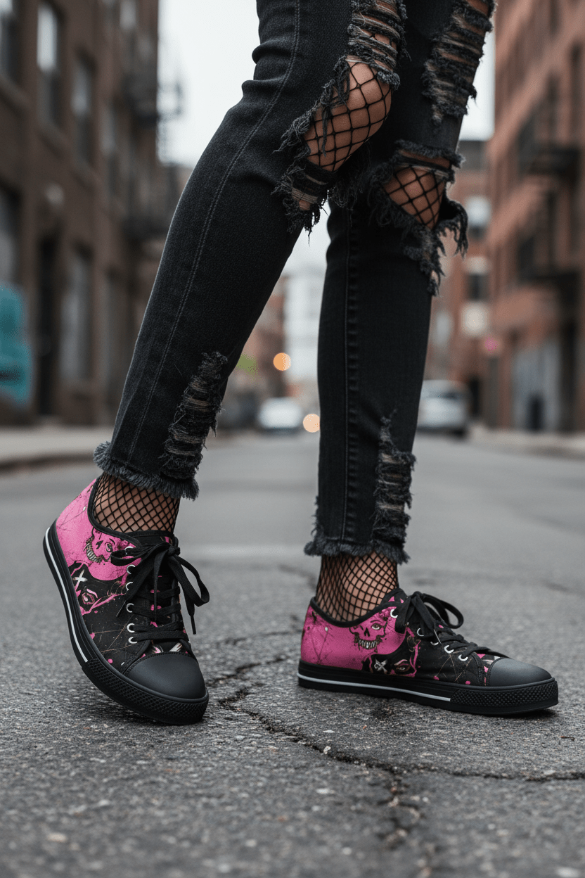 Women's Skull Print Low - Top Sneakers — Pink Punk Street wear Casual ShoesEmber Spirit Apparel