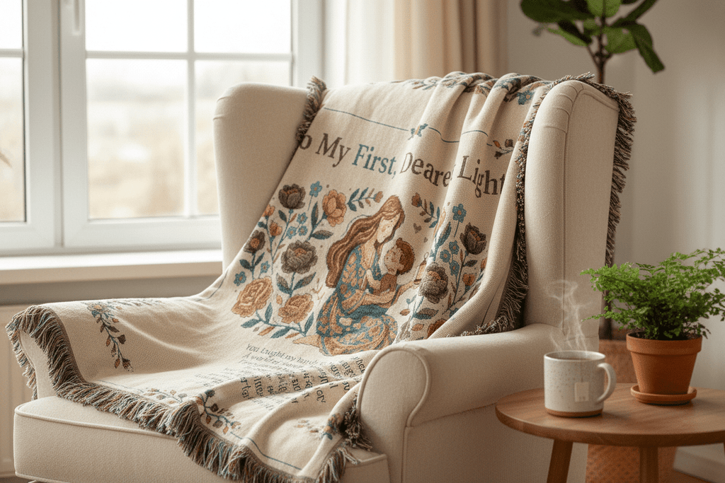Woven Blanket — "To My First, Dearest Light" Nursery Throw with Mother & Child IllustrationEmber Spirit Apparel