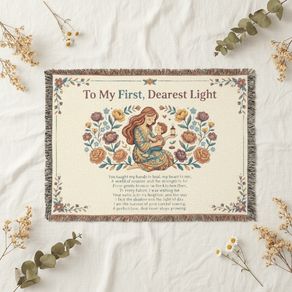 Woven Blanket — "To My First, Dearest Light" Nursery Throw with Mother & Child IllustrationEmber Spirit Apparel