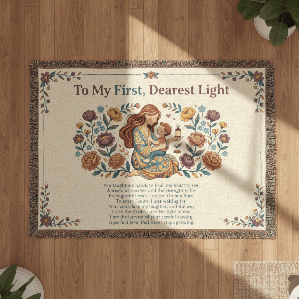 Woven Blanket — "To My First, Dearest Light" Nursery Throw with Mother & Child IllustrationEmber Spirit Apparel