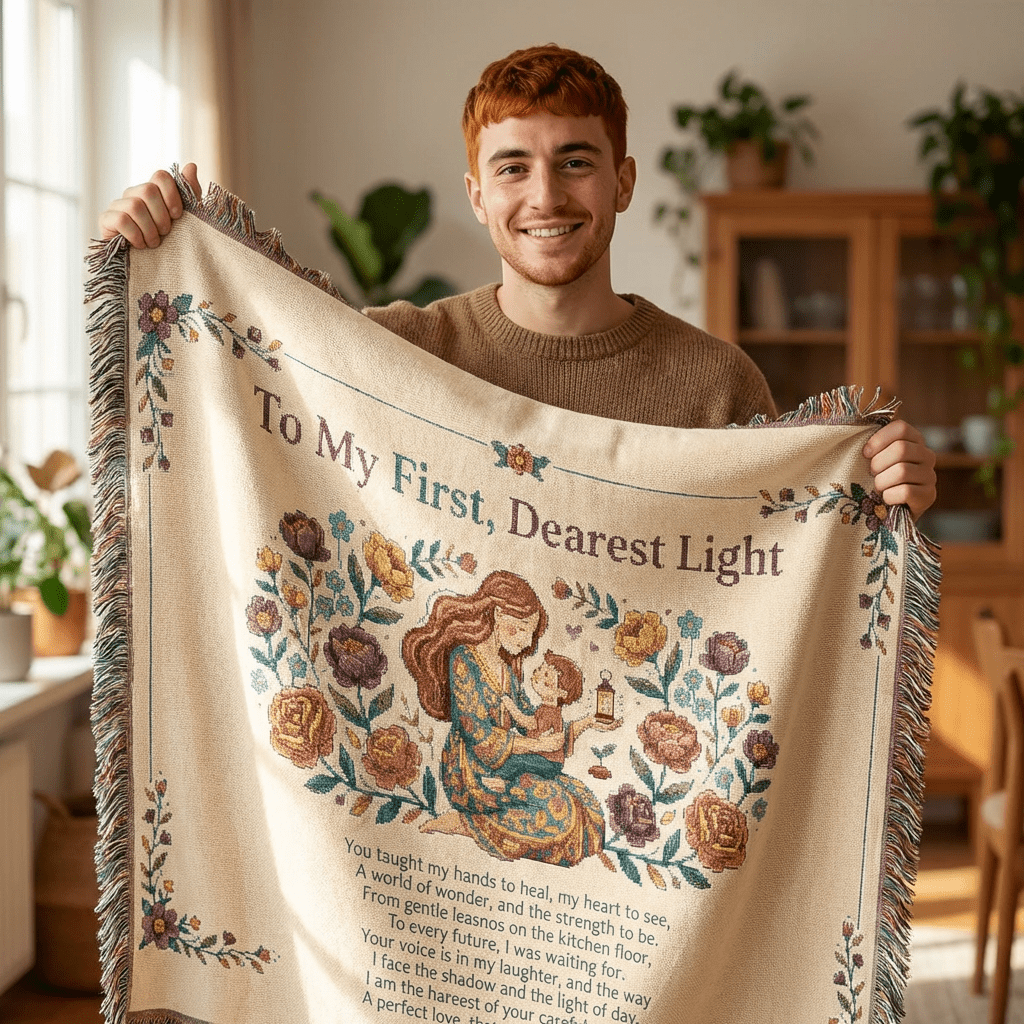 Woven Blanket — "To My First, Dearest Light" Nursery Throw with Mother & Child IllustrationEmber Spirit Apparel