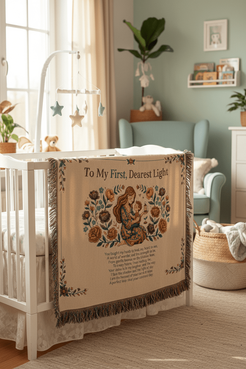 Woven Blanket — "To My First, Dearest Light" Nursery Throw with Mother & Child IllustrationEmber Spirit Apparel