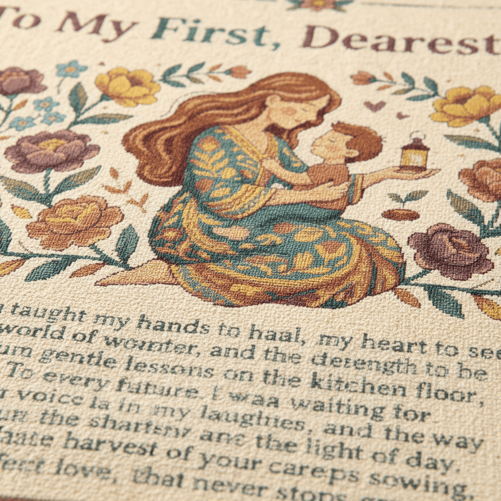 Woven Blanket — "To My First, Dearest Light" Nursery Throw with Mother & Child IllustrationEmber Spirit Apparel