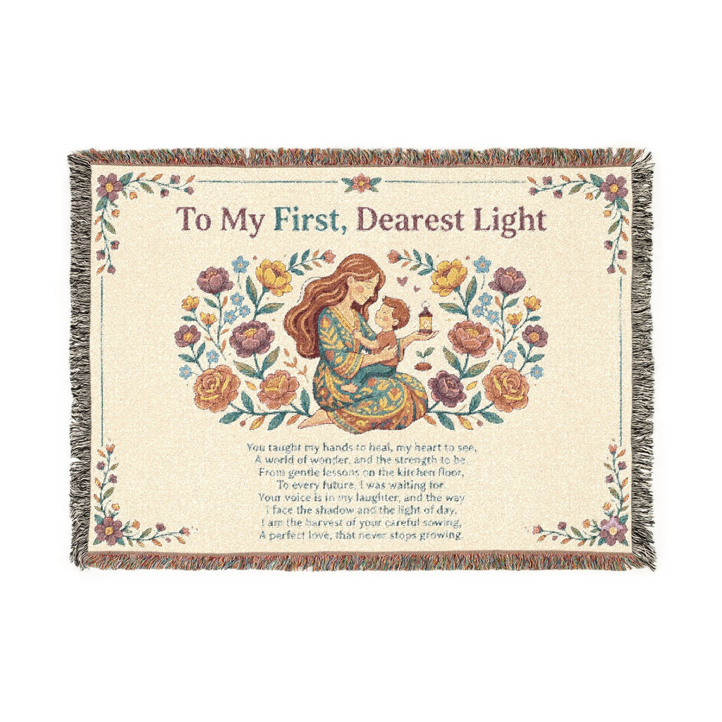 Woven Blanket — "To My First, Dearest Light" Nursery Throw with Mother & Child IllustrationEmber Spirit Apparel
