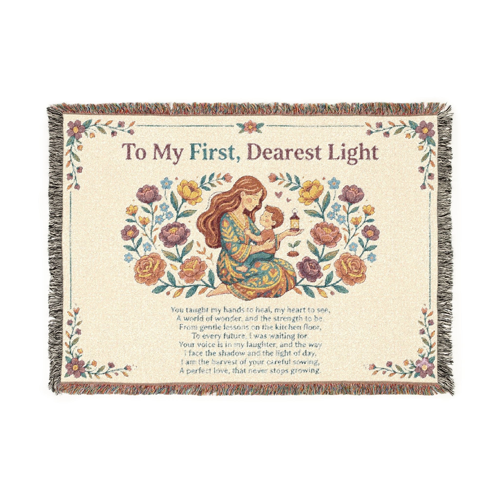 Woven Blanket — "To My First, Dearest Light" Nursery Throw with Mother & Child IllustrationEmber Spirit Apparel