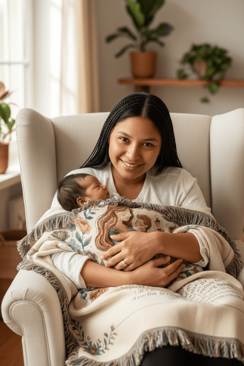 Woven Blanket — "To My First, Dearest Light" Nursery Throw with Mother & Child IllustrationEmber Spirit Apparel
