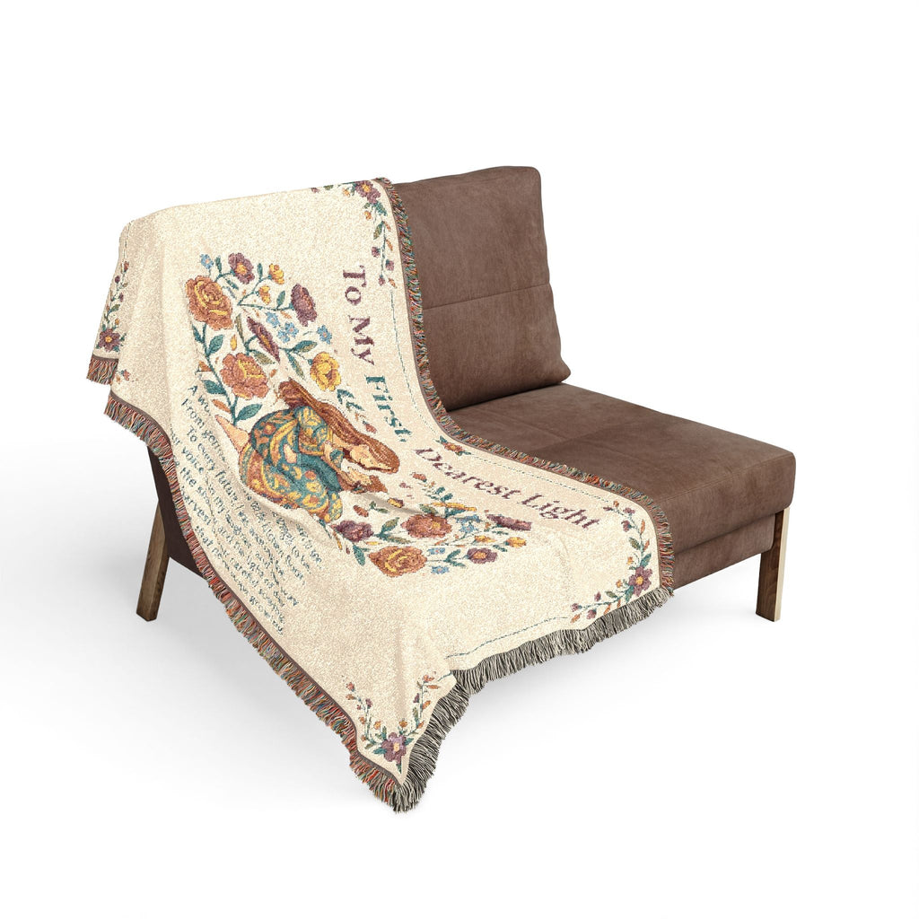 Woven Blanket — "To My First, Dearest Light" Nursery Throw with Mother & Child IllustrationEmber Spirit Apparel