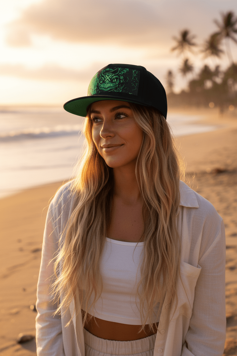 Yin Yang Green Turtle Embroidered Flat Bill Cap — Balance in Mother NatureEmber Spirit Apparel
