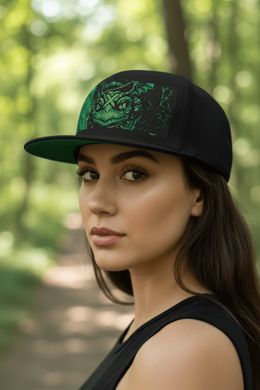 Yin Yang Green Turtle Embroidered Flat Bill Cap — Balance in Mother NatureEmber Spirit Apparel