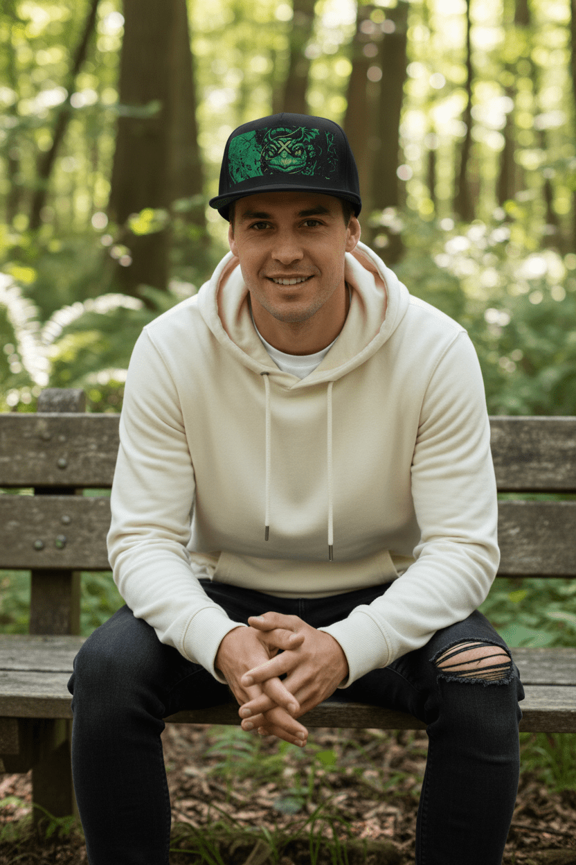 Yin Yang Green Turtle Embroidered Flat Bill Cap — Balance in Mother NatureEmber Spirit Apparel