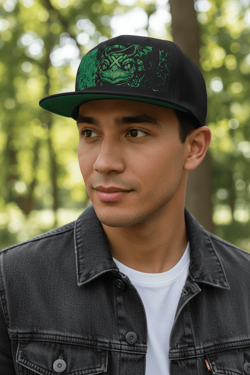 Yin Yang Green Turtle Embroidered Flat Bill Cap — Balance in Mother NatureEmber Spirit Apparel