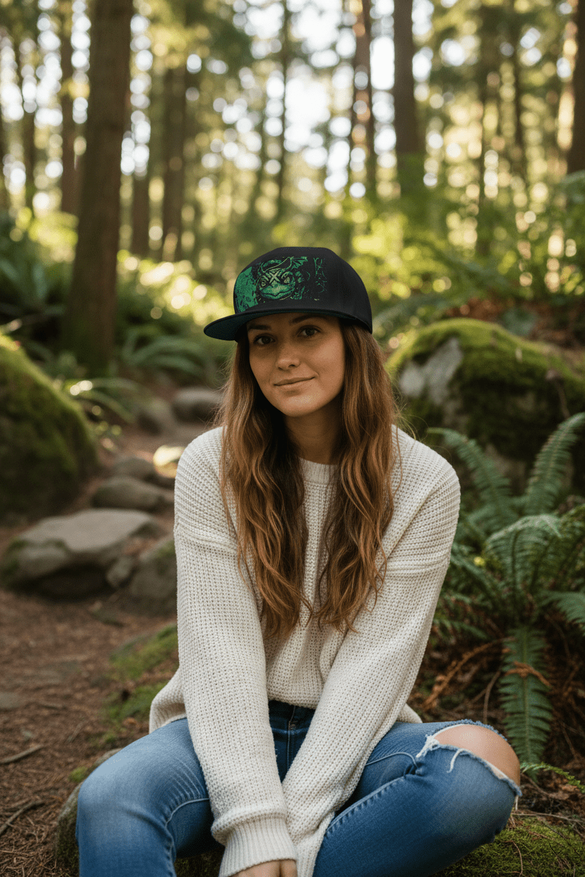 Yin Yang Green Turtle Embroidered Flat Bill Cap — Balance in Mother NatureEmber Spirit Apparel