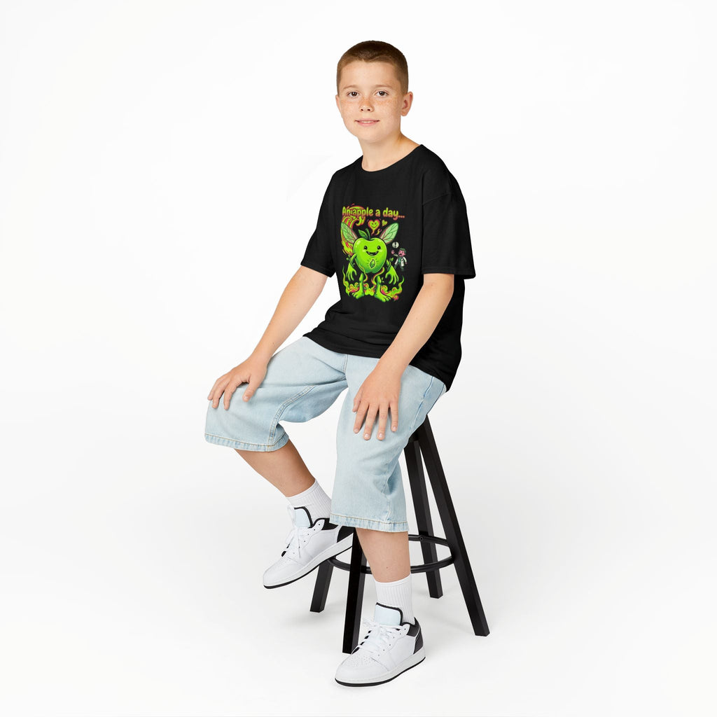 Kids Graphic Tee – 'An Apple a Day' Cute Green Alien Apple Cartoon ShirtEmber Spirit Apparel