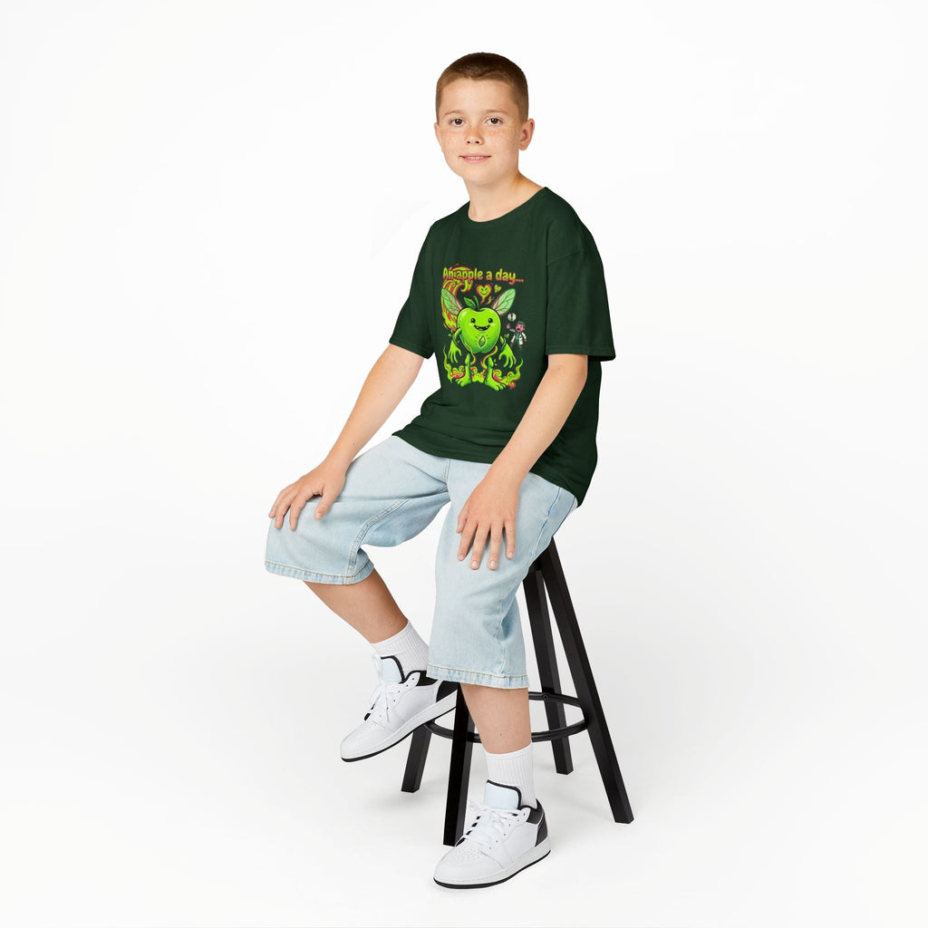 Kids Graphic Tee – 'An Apple a Day' Cute Green Alien Apple Cartoon ShirtEmber Spirit Apparel