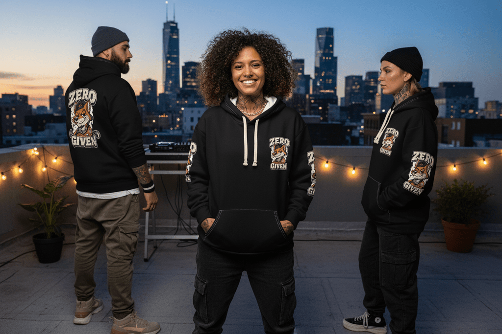 Zero Fox Given Hoodie, flat lay styled with joggers, casual humour apparel