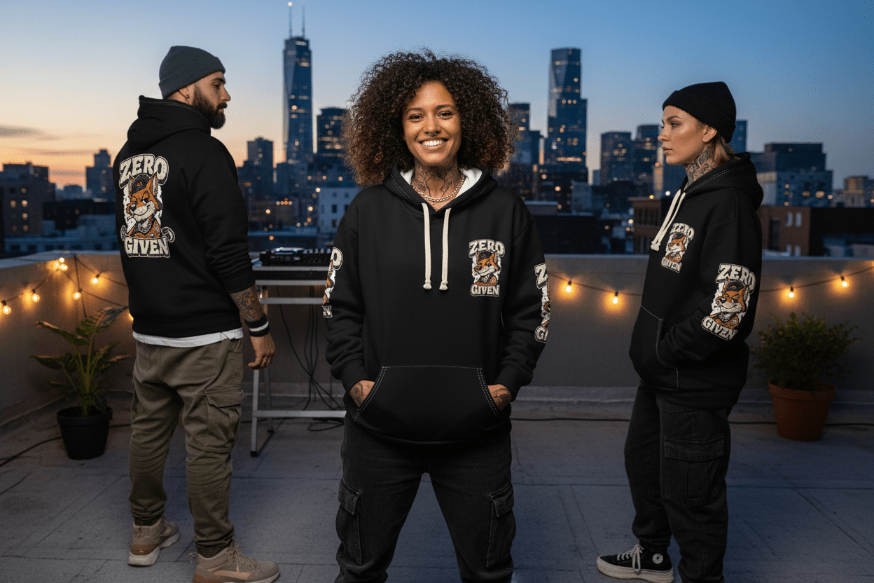 Zero Fox Given Hoodie, flat lay styled with joggers, casual humour apparel