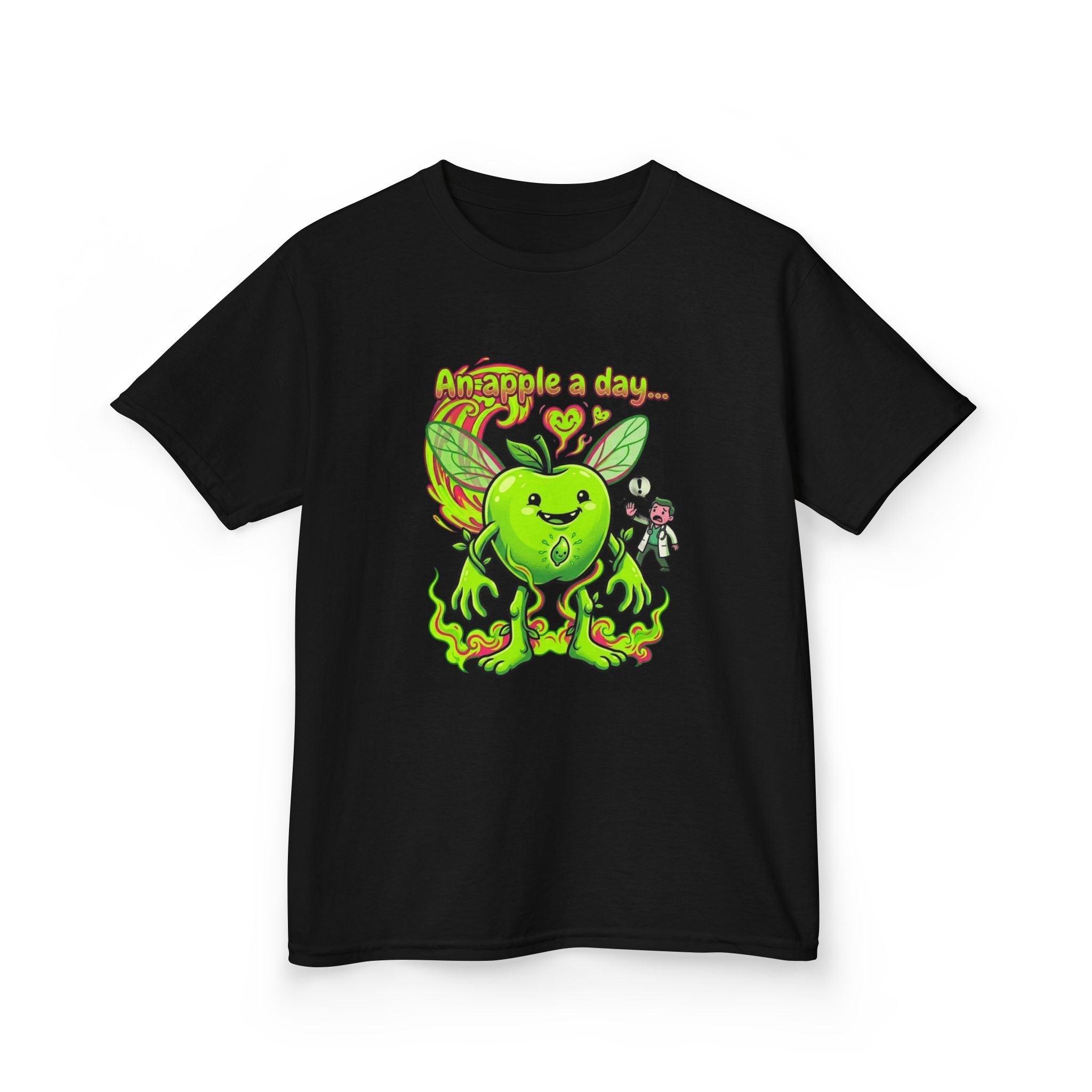Kids Graphic Tee – 'An Apple a Day' Cute Green Alien Apple Cartoon ShirtEmber Spirit Apparel