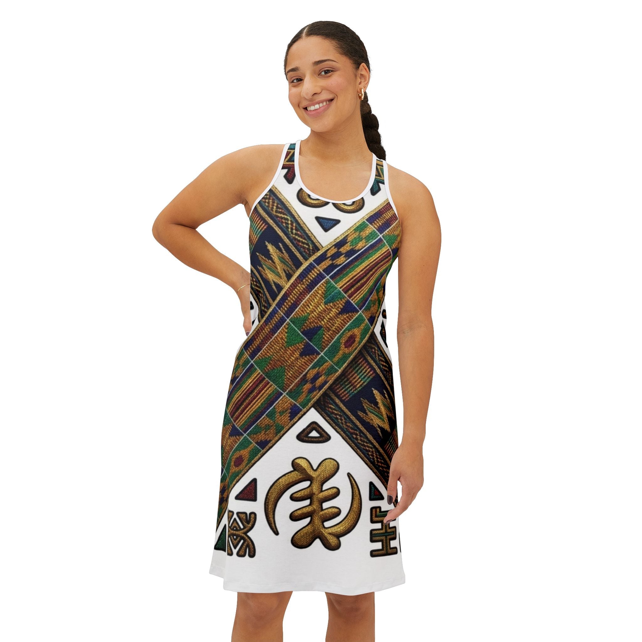 Rooted in Culture racerback dress, side profile, fitted all-over print silhouette