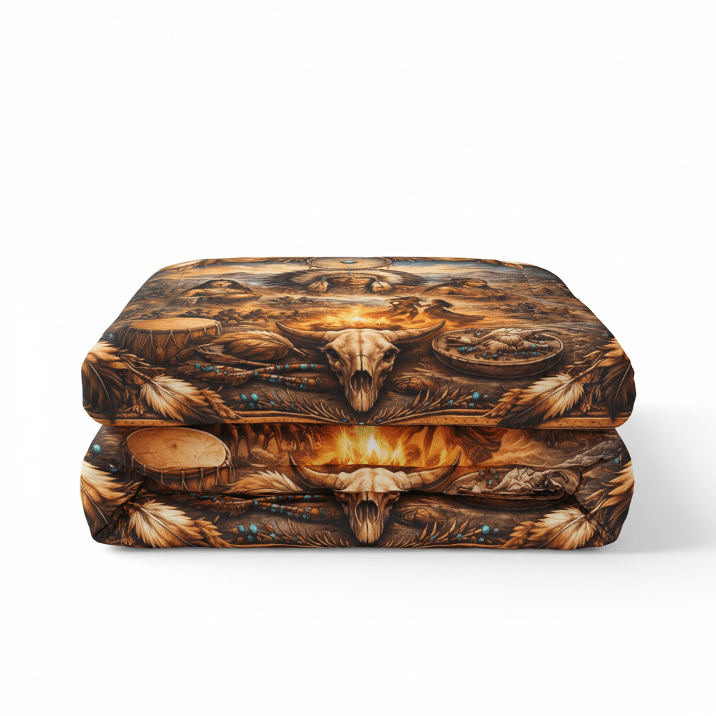 Native Spirit Cotton Comforter – Tribal Campfire Scenic Indigenous Art BeddingEmber Spirit Apparel
