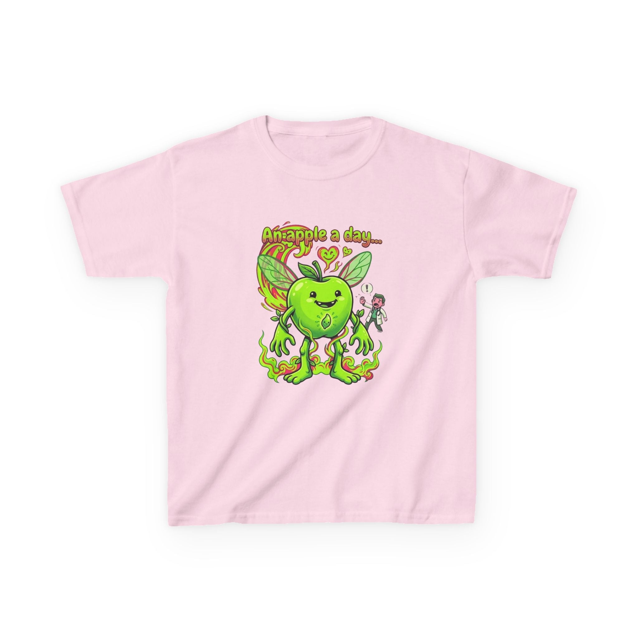 Kids Graphic Tee – 'An Apple a Day' Cute Green Alien Apple Cartoon ShirtEmber Spirit Apparel
