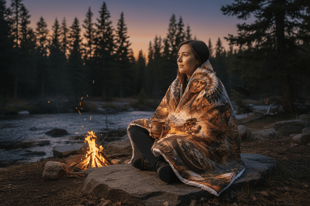 Native Spirit Cotton Comforter – Tribal Campfire Scenic Indigenous Art BeddingEmber Spirit Apparel