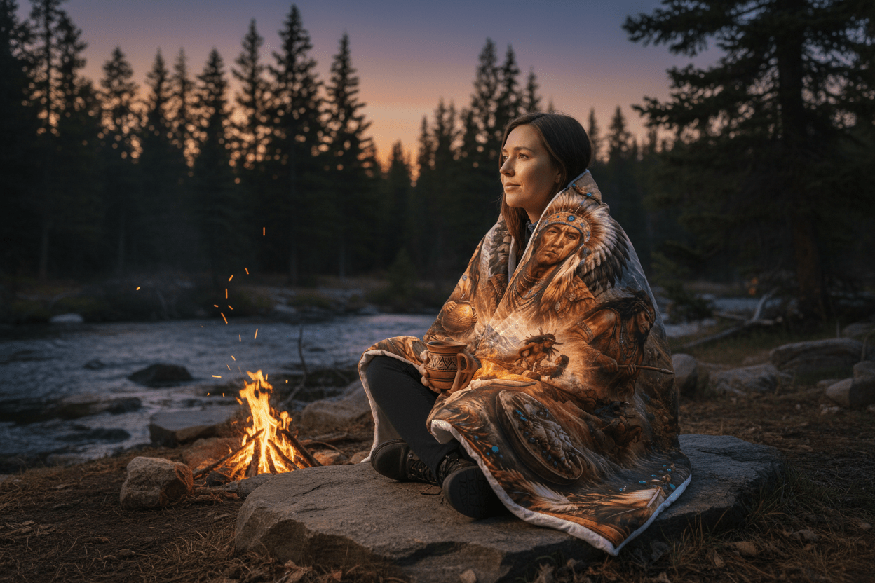 Native Spirit Cotton Comforter – Tribal Campfire Scenic Indigenous Art BeddingEmber Spirit Apparel
